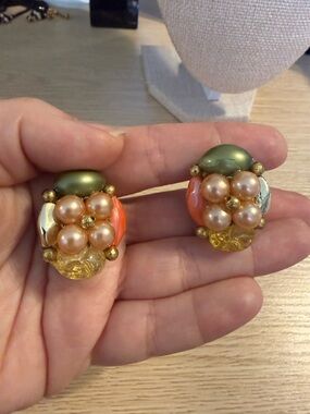 Multicolor Vintage Cluster Pearl and Bead Clip-On Earrings